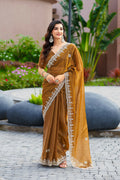 Vastranavya Brown Embroidery Work Shimmer Chiffon Saree with Unstitched Blouse | Grocsy