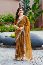 Vastranavya Brown Embroidery Work Shimmer Chiffon Saree with Unstitched Blouse | Grocsy
