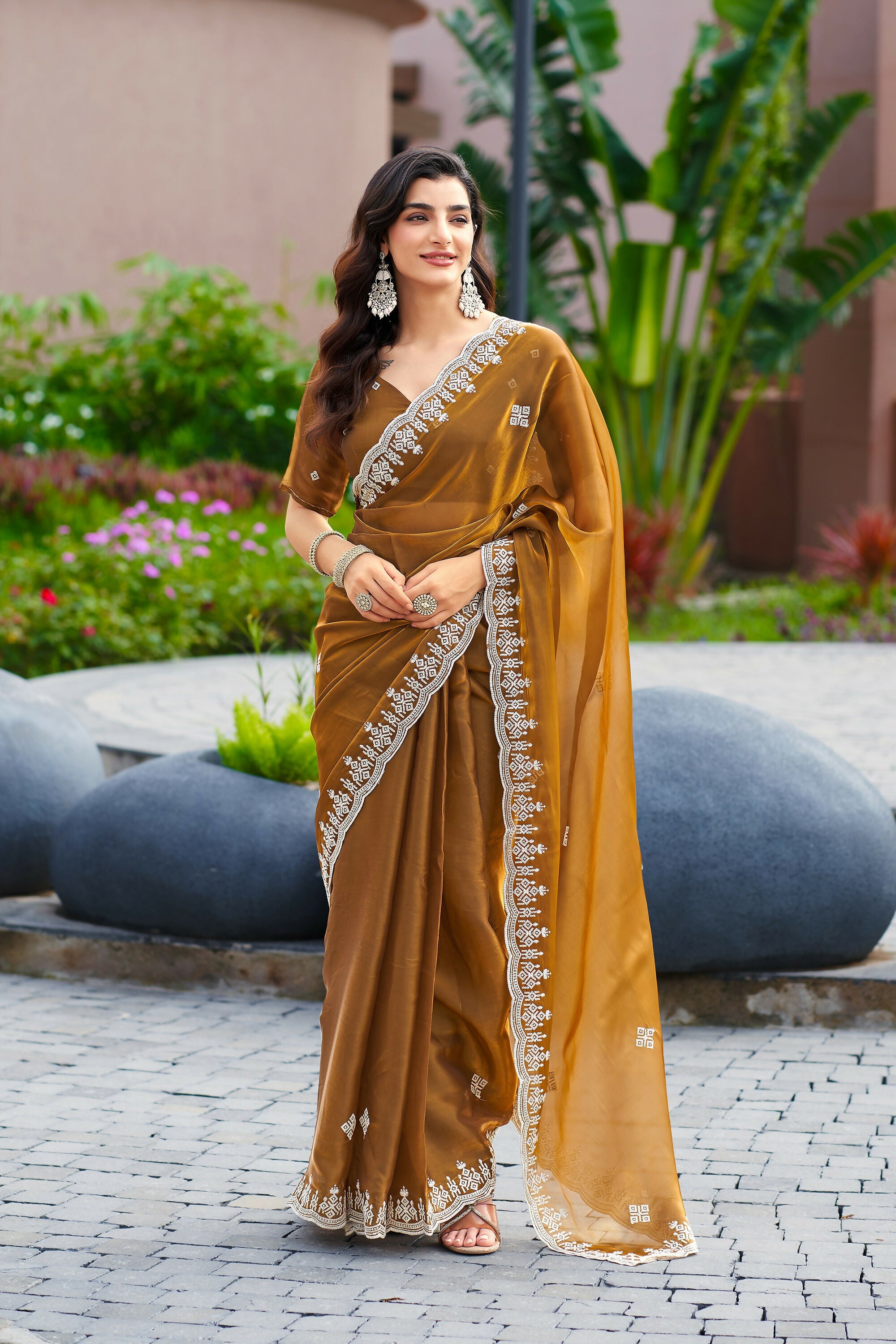 Vastranavya Brown Embroidery Work Shimmer Chiffon Saree with Unstitched Blouse | Grocsy