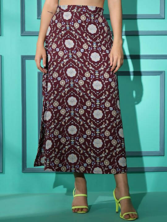 Wine Crepe Floral Printed Top with Matching Skirt - Shivani | Grocsy