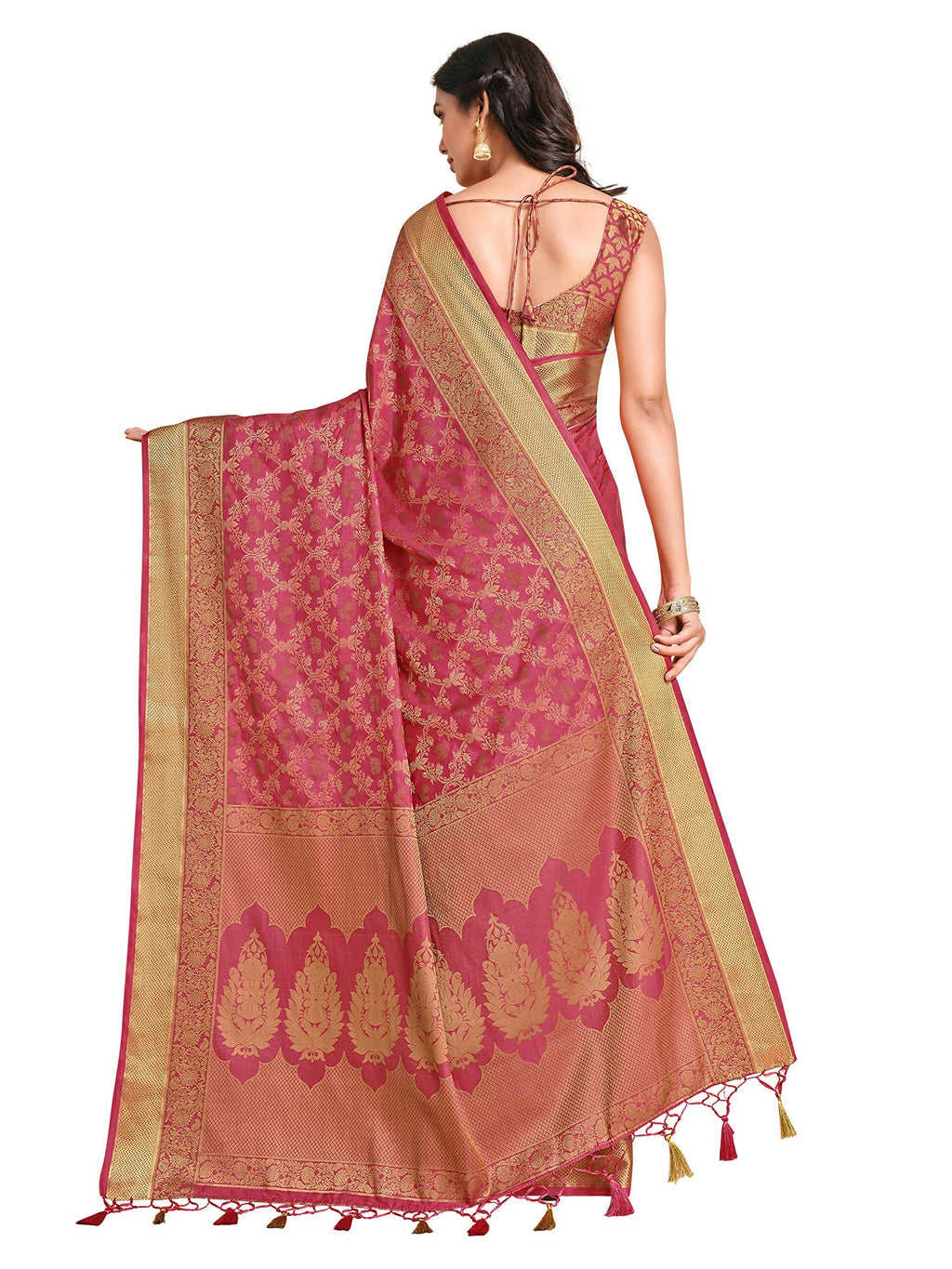 Mimosa Women's Kanchipuram Art Silk Pink Saree | Grocsy