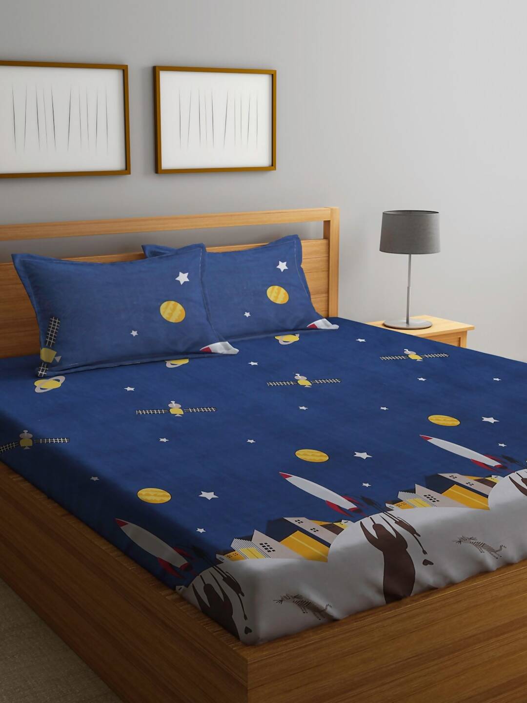Home Sizzler Blue & Yellow Cartoon Characters 210 TC Bedsheet with Pillow Covers | Grocsy