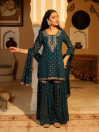 Juniper Women's The Swarn Teal Ethnic Motif Printed Georgette Kurta Pant And Dupatta With Sequins & Zari Work | Grocsy