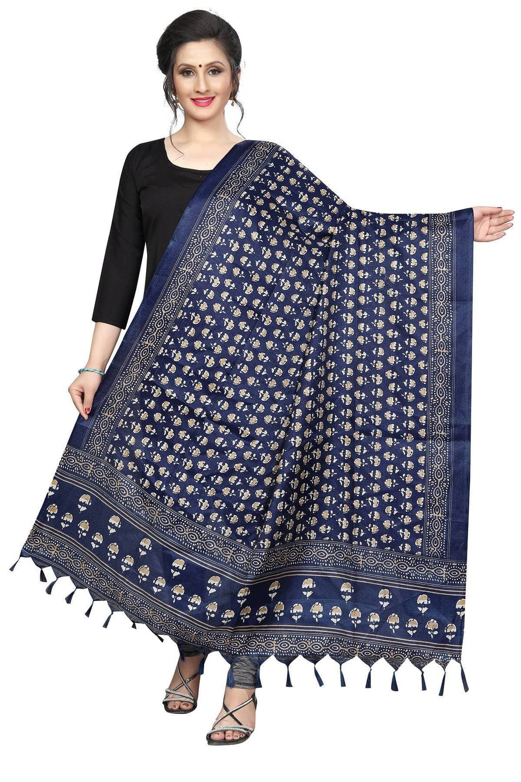 Vamika Navy Blue Printed Khadi Bhagalpuri Latest Dupatta | Grocsy