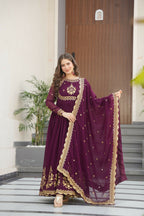 Joban Fashion Wine Georgette Sequence Embroidery Work Kurta Set | Grocsy