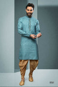 Raivat Ethnic Cotton Digital Print Mirror Work Kurta Pajama In Sky Blue Colour | Grocsy