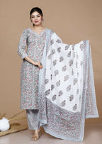 Miravan Women's Blue Gota Patti Cotton Kurta With Palazzo And Dupatta Set | Grocsy