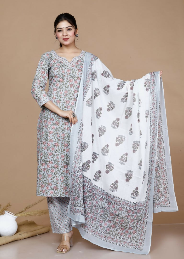 Miravan Women's Blue Gota Patti Cotton Kurta With Palazzo And Dupatta Set | Grocsy