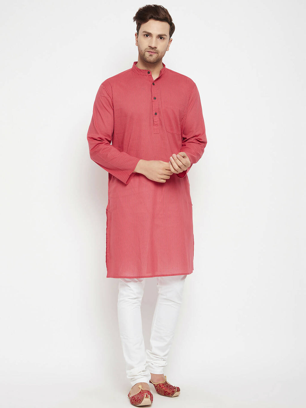 Even Apparels Rust Pure Cotton Long Men's Kurta With Band Collar | Grocsy