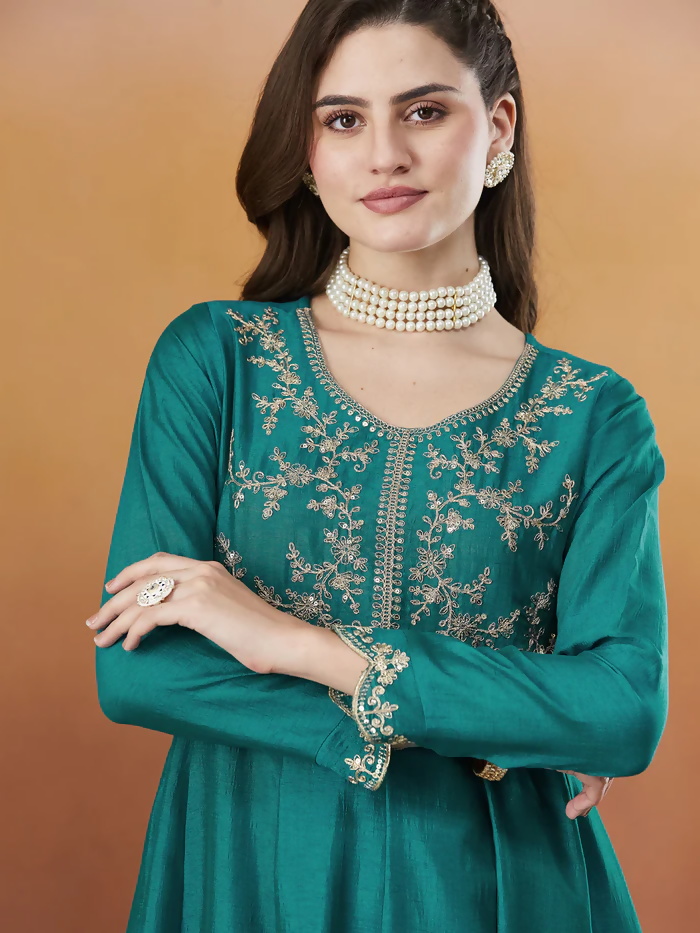 The52 Rama Women's Beautiful Vichitra Silk Fabric Embroidered Work Flared Anarkali Pant and Dupatta Set | Grocsy