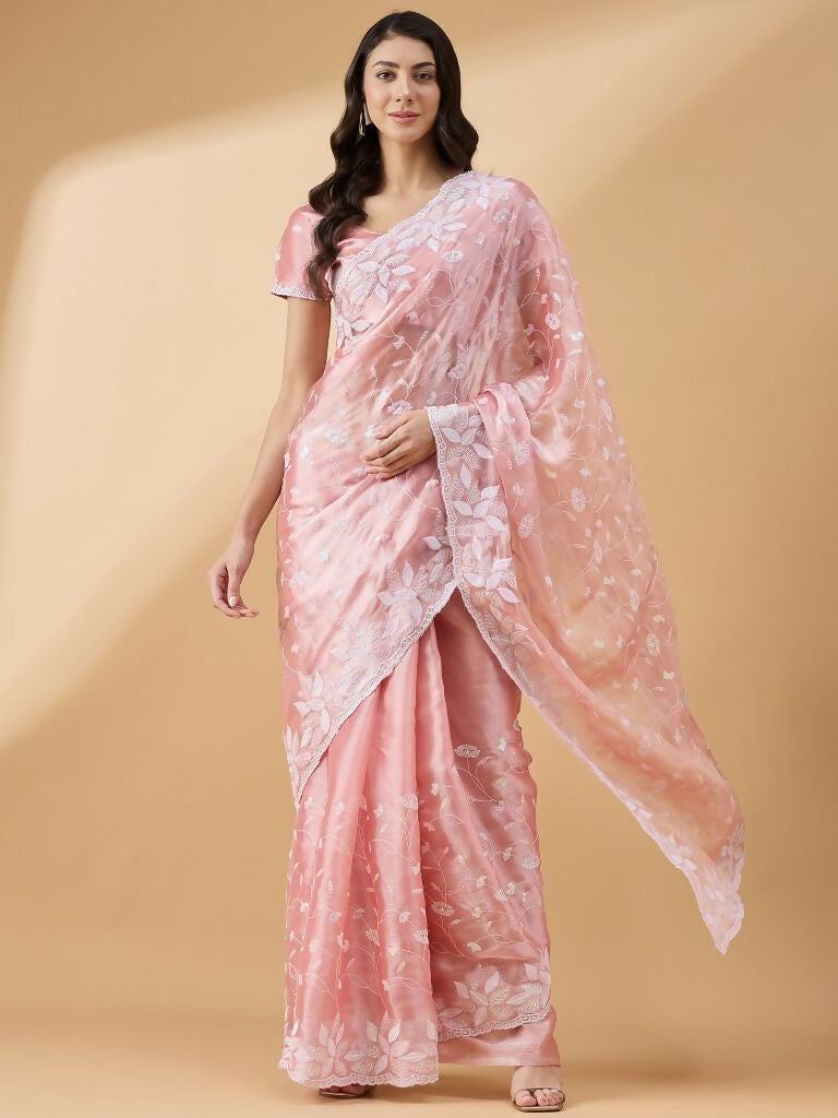 Peach Tissue Slub Embroidered Saree with Unstitched Blouse - Vairagi | Grocsy