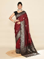 Joban Fashion Maroon & Black Plain With Weaving Border Banarasi Silk Sarees | Grocsy