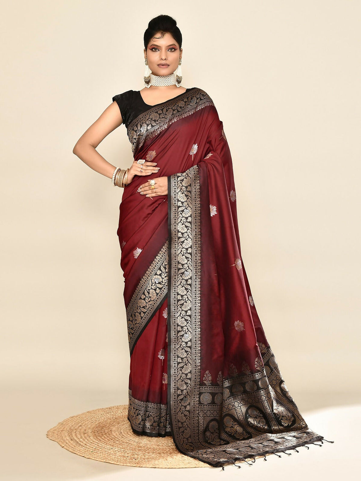 Joban Fashion Maroon & Black Plain With Weaving Border Banarasi Silk Sarees | Grocsy