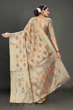Beige Soft Organza Woven Design Saree With Unstitched Blouse Piece - Zaara | Grocsy