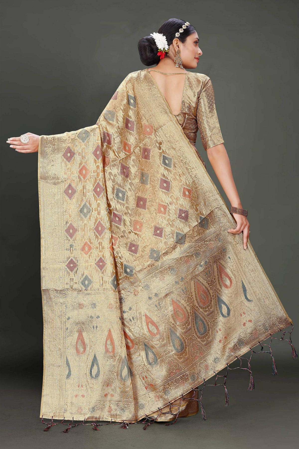 Beige Soft Organza Woven Design Saree With Unstitched Blouse Piece - Zaara | Grocsy