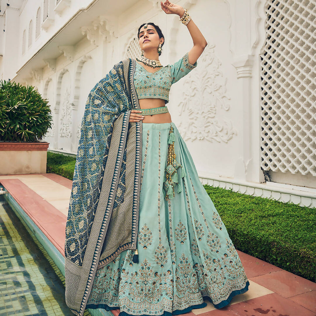 Sky Blue Heavy Viscose Khatli, Embroidery & Mirror Work Unstitched Lehenga Choli - Sisha Keshav | Grocsy