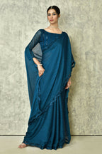 Blue Silk Stripe Saree With Blouse Piece - Purvi | Grocsy