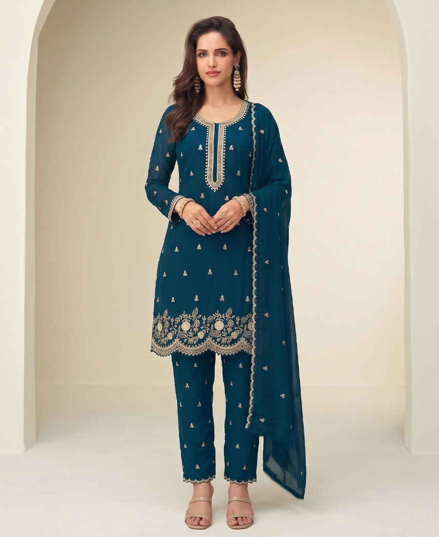 KC Bollywood Style Teal Blue Georgette Suit For Women | Grocsy