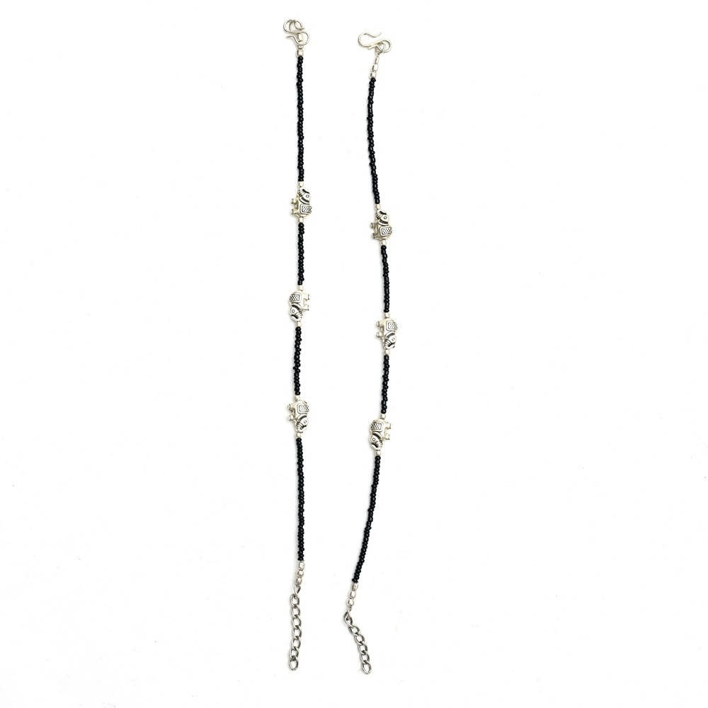 Mominos Fashion Kamal Johar Oxidised Elephant Design Silver/Black Anklets | Grocsy