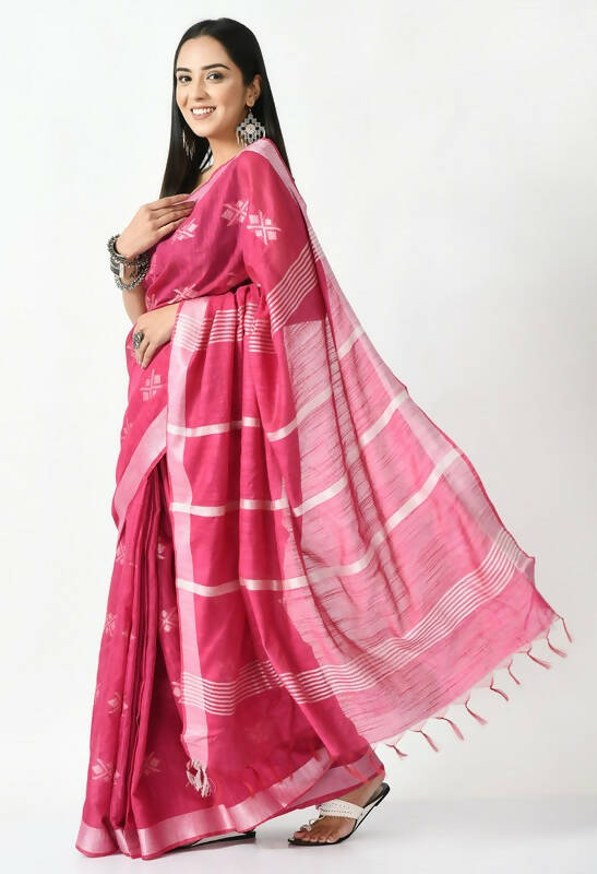 Mominos Fashion Moeza Magenta All Over Buti Handloom Silk Saree with unstitched Blouse piece | Grocsy