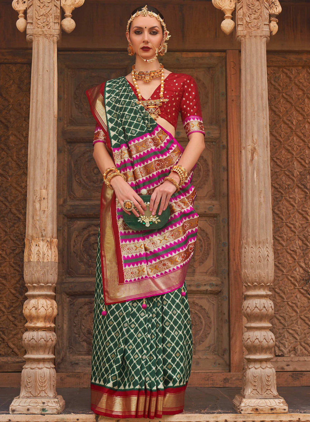 Green Silk Geometric Printed Saree With Unstitched Blouse Piece - Aanchal | Grocsy
