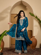 Joban Fashion Embroidery Teal Chinon Silk Kurta Set | Grocsy