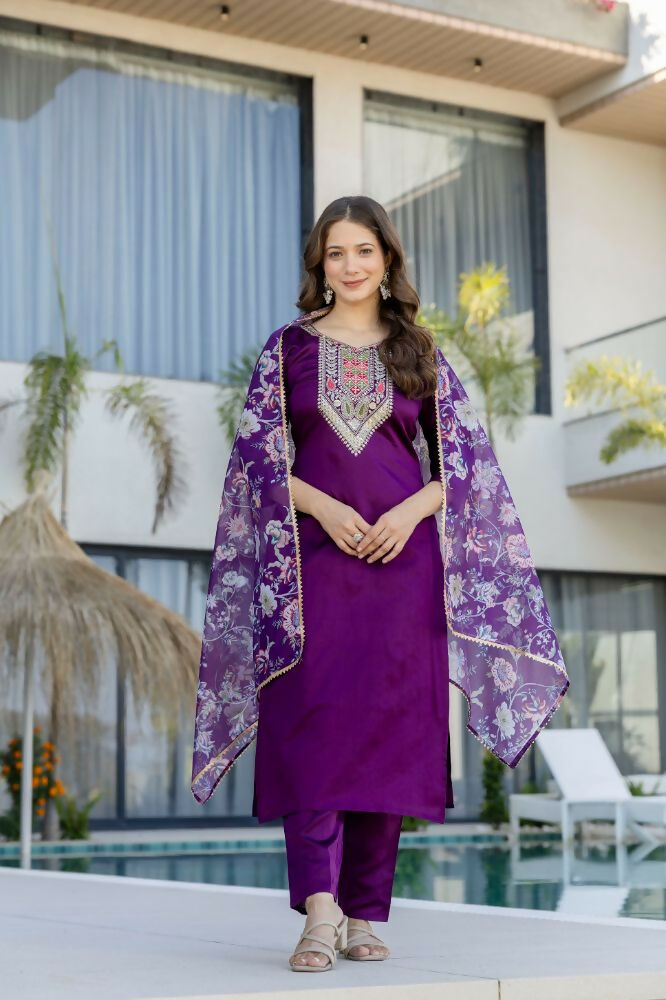 The52 Women's Gorgeous Embroidery Work Chanderi Cotton Fabric Straight Kurta Pant and Dupatta Set | Grocsy