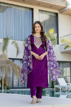 The52 Women's Gorgeous Embroidery Work Chanderi Cotton Fabric Straight Kurta Pant and Dupatta Set | Grocsy