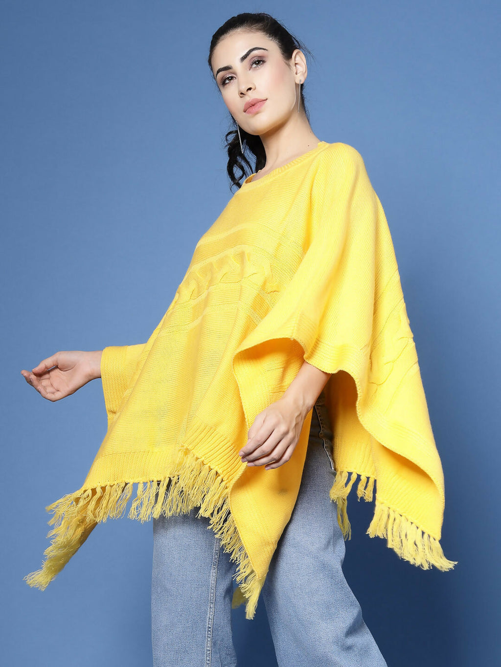 Women Yellow Acrylic Self Design Poncho - Wool Trees | Grocsy