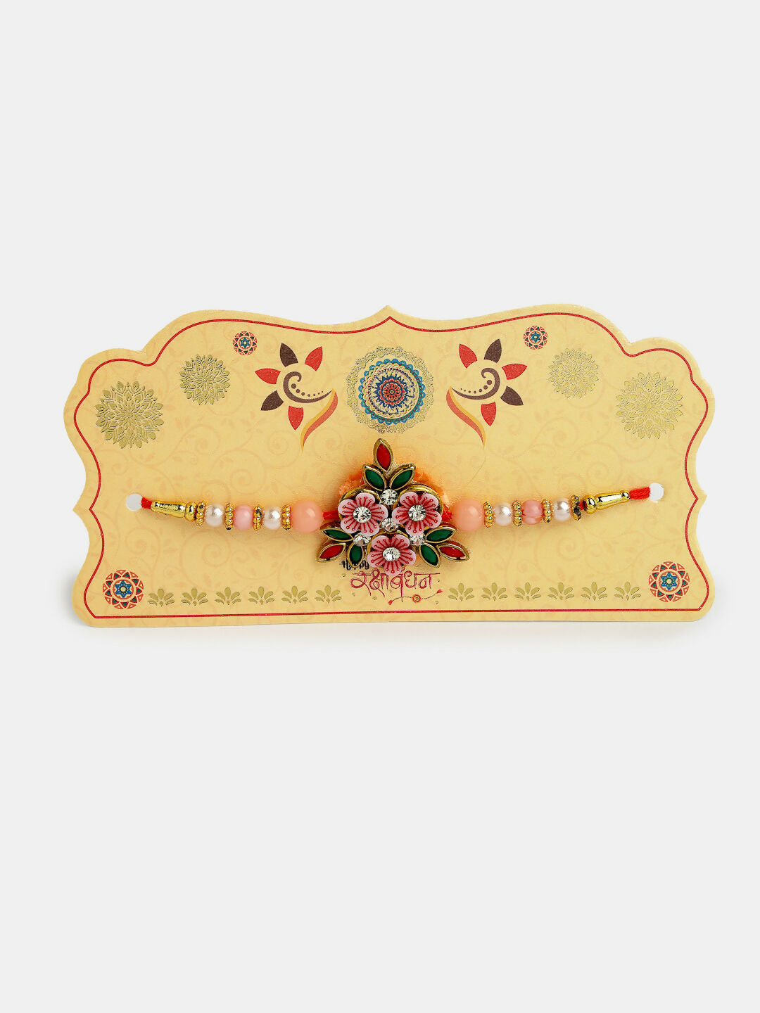 NVR Men Pink Floral Shape Stone-Studdded & Beaded Rakhi With Roli Chawal | Grocsy