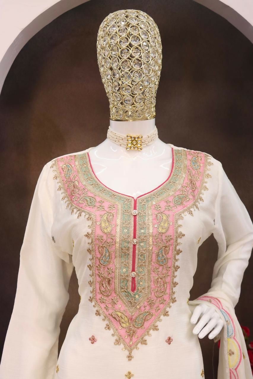 Anaita White Embroidered Silk Stitched Plazo Suit | Grocsy