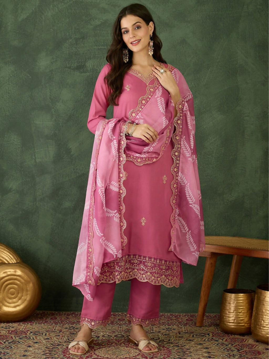 The52 Women's Beautiful Rayon Fabric Embroidery Work Straight Kurta Pant and Dupatta Set-Pink | Grocsy