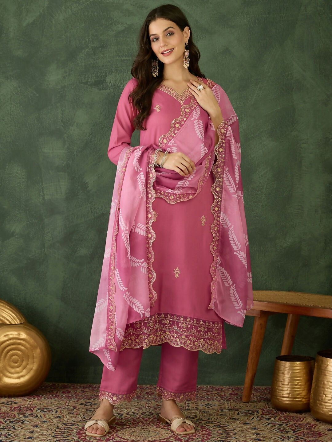 The52 Women's Beautiful Rayon Fabric Embroidery Work Straight Kurta Pant and Dupatta Set-Pink | Grocsy