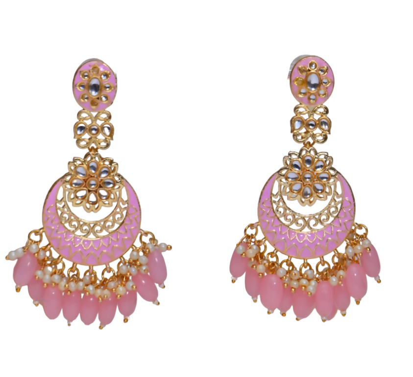 Pink Gold-Polished Beautifully Enamelled Stylish Kundan & Pearl Dangle Women Earrings|Meenakari Chandbali Traditional Ethnic Wear Earrings By House of Ree - Swadesiicart