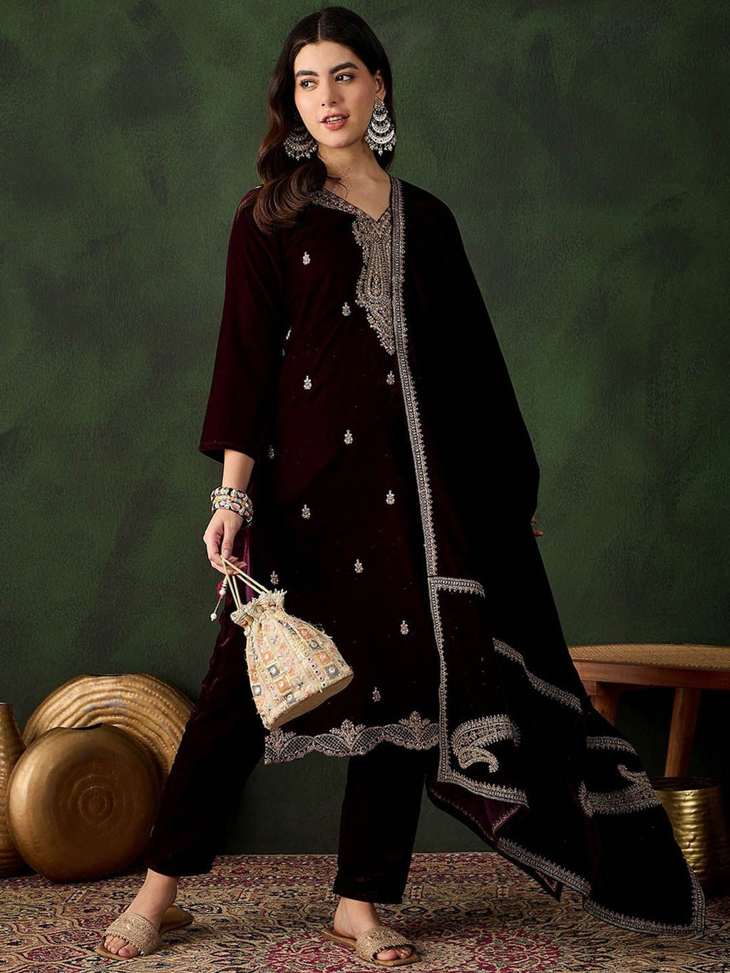 Sangria Floral Embroidered Straight Kurta & Trousers With Dupatta | Grocsy