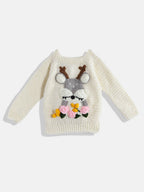 Chutput Kids Woollen Hand Knitted Full Sleeves Deer Detail Sweater For Baby Boys - Cream | Grocsy