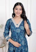 Miravan Women's Blue Cotton Embroidered Neck Anarkali Kurta | Grocsy