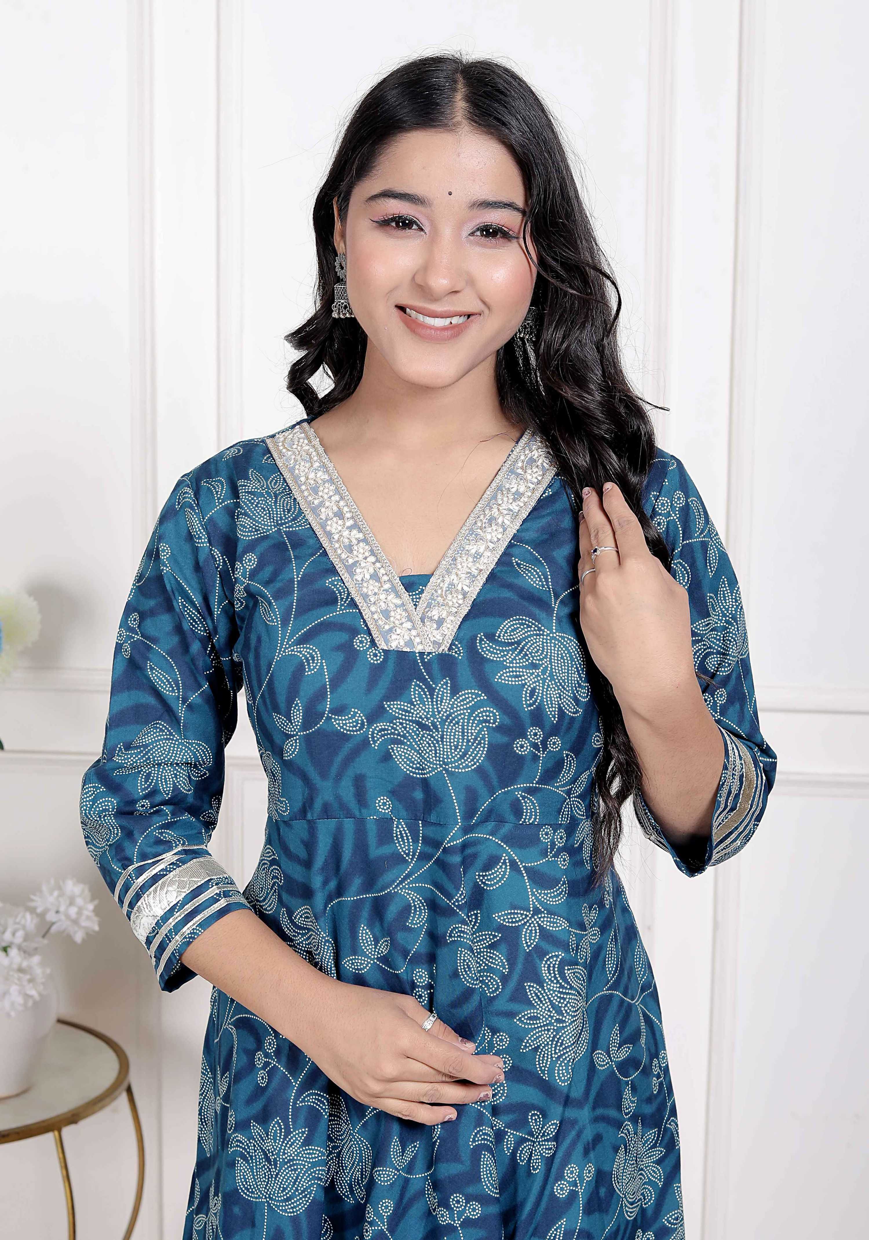 Miravan Women's Blue Cotton Embroidered Neck Anarkali Kurta | Grocsy