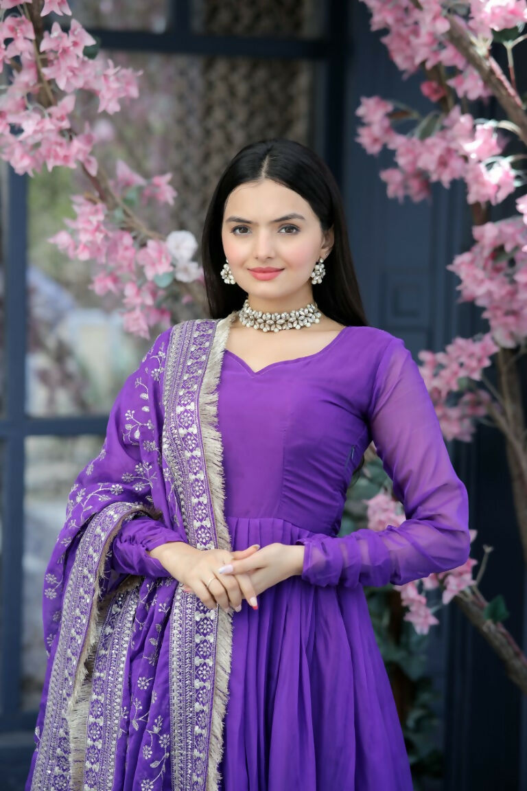 Jyoti Fashion Women's Purple Tabby Silk Designer Kurta with Trouser & Dupatta | Grocsy