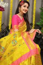Jyoti Fashion Women's Yellow Banarasi Silk Zari Woven Saree with Blouse | Grocsy