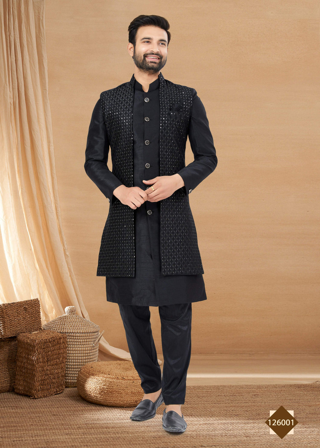 Joban Fashion Men's Black Heavy Art Silk Double Finish Plain Indowestern | Grocsy