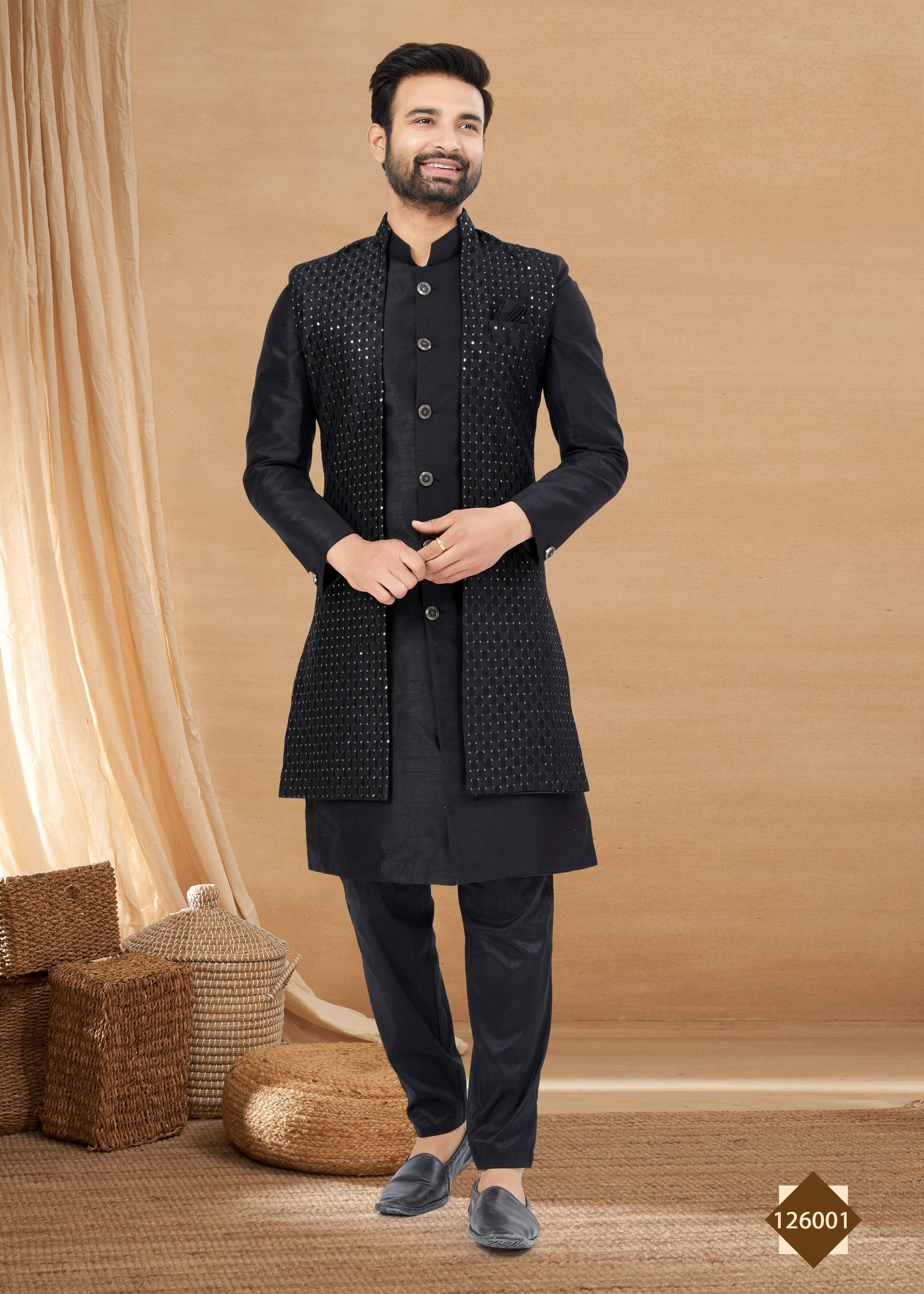 Joban Fashion Men's Black Heavy Art Silk Double Finish Plain Indowestern | Grocsy