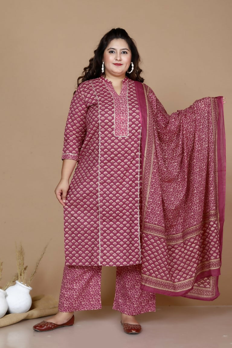 Miravan Women's Plus Size Pink Straight Floral Printed Kurta & Palazzo With Dupatta Set | Grocsy