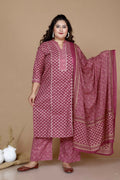 Miravan Women's Plus Size Pink Straight Floral Printed Kurta & Palazzo With Dupatta Set | Grocsy
