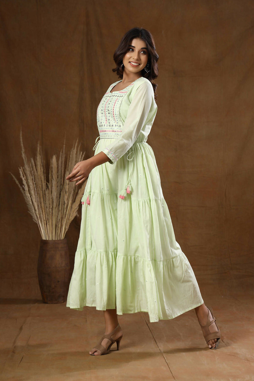 Kaajh Women's Green Mirror Embellishment Anarkali Kurta | Grocsy