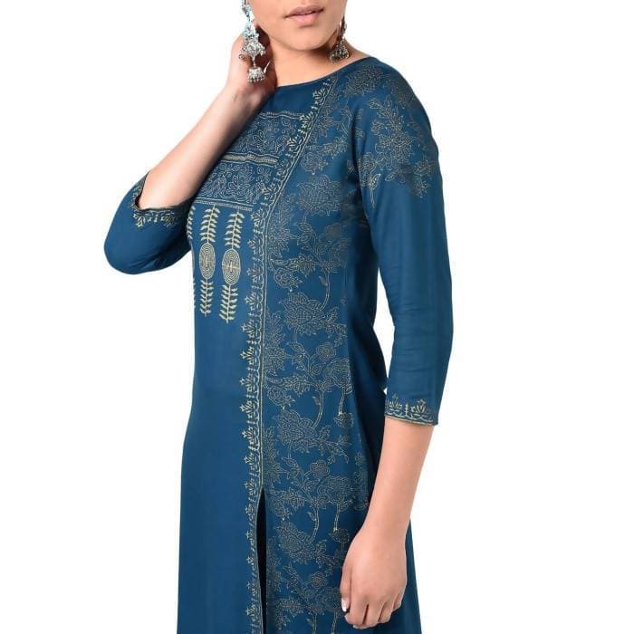 Aniyah Rayon Block Print Front Slit Straight Kurta With Palazzo Set In Blue (AN-166K) | Grocsy