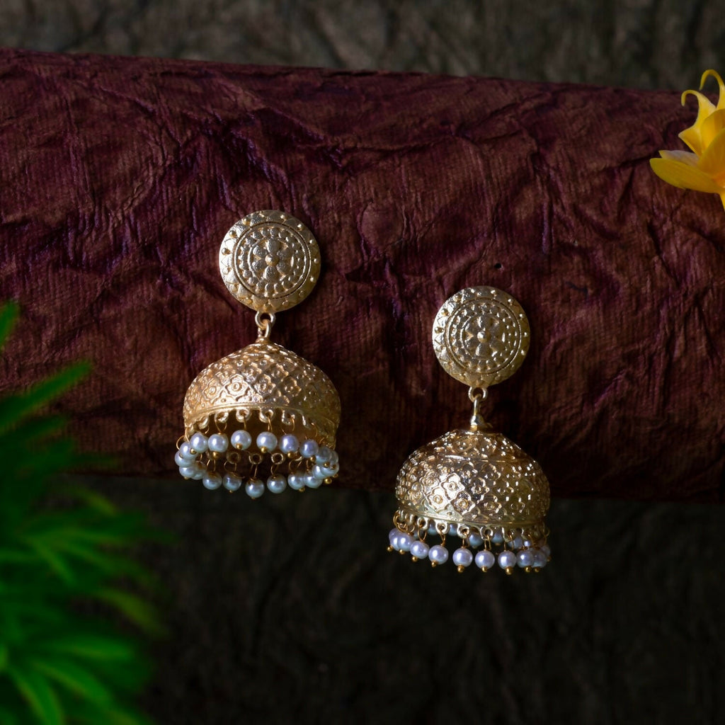 Joban Fashion Women Matte Gold Brass Jhumka | Grocsy