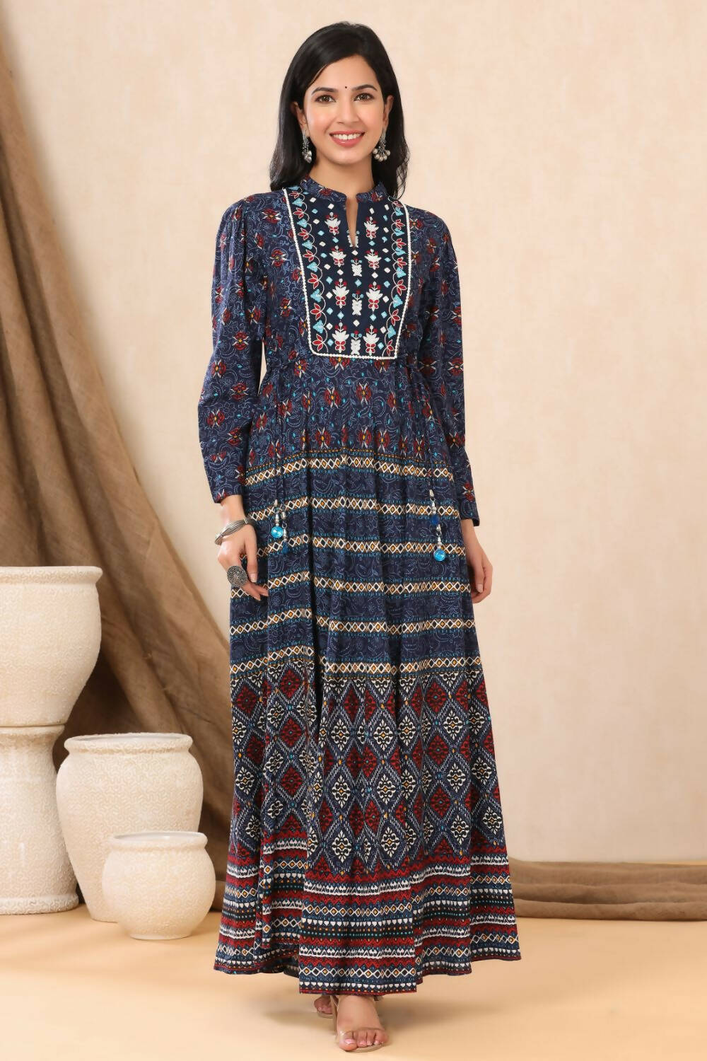 Juniper Womens Indigo Rayon Multicolor Printed Maxi Dress With Yoke Mirror Embroidery | Grocsy