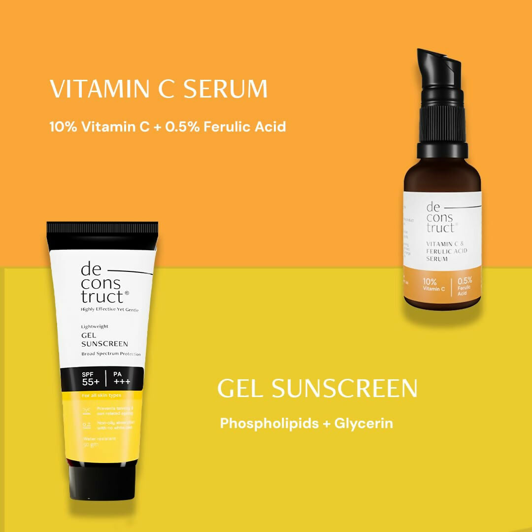 Deconstruct Sun Protect Duo 10% Vitamin C Face Serum + Gel Sunscreen, Get Glowing Skin with Sun Protection, No White Cast, Non Irritating & Lightweight | Grocsy