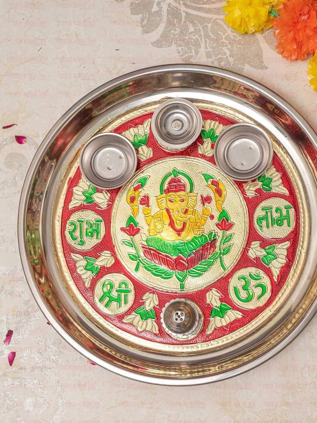 Tied Ribbons Red & Green Printed Pooja Thali With Attached Incense Diya Tilak Holder | Grocsy